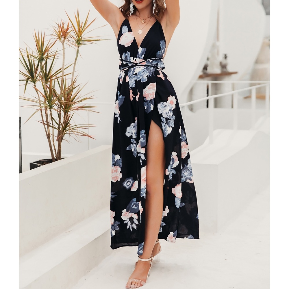 Navy Blue Floral Backless Lace Up Wrap Maxi Dress - Picture 6 of 11